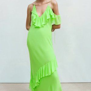 NWT Zara Long Ruffled Dress Neon Green Size XS